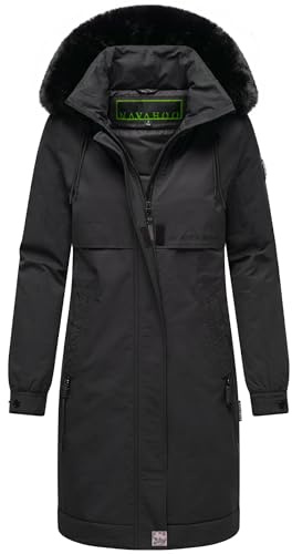 Navahoo - Cappotto lungo da donna invernale caldo con pelliccia sintetica e cappuccio (entrambi rimovibili) Kaltwetterretter 14 XS-6XL, Nero , L