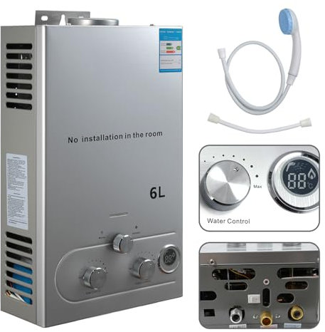 Chauffe-Eau à Gaz GPL, Chauffe Eau Instantané Gaz, Modes Hiver Et éTé, Protection Contre La Surchauffe, Avec Pomme De Douche Et Plomberie, Pour La Maison, ExtéRieur, Camping Car (6L, 12kw)