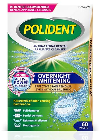 Polident Compresse detergenti antibatteriche per apparecchi dentali sbiancanti notturni, compresse per la pulizia del paradenti, 60 pezzi