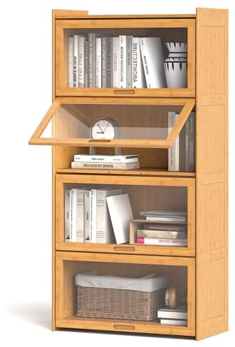 KOMFOTTEU 4 Ebenen Bücherregal mit aufklappbaren Acryltüren, Bücherschrank aus Bambus mit Kippschutz, Standregal Stauregal für Wohnzimmer, Büro, Büroschrank Ordnerschrank 69 x 34 x 140 cm (Natur)