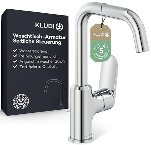 KLUDI-X1 Waschtischarmatur mit Zugstangen-Ablauf, 360° schwenkbar, Auslaufhöhe 205 mm, wassersparender Wasserhahn Bad Größe L, Mischbatterie Waschbecken inkl. Anschlussschläuche in Chrom