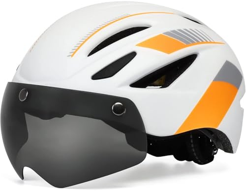 Rarapop Bike Helmet for Adults Men & Women with Magnetic Goggle & USB Rechargeable Taillight – Mountain & Road Cycling Helmet CE Certified Cycling Helmet (White Orange)