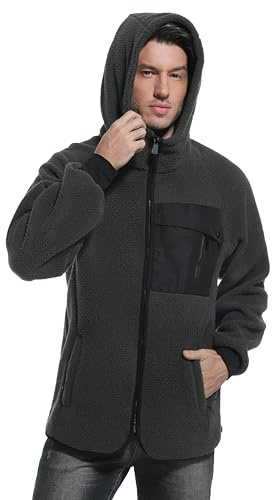 Mnking Chaqueta Polar Hombre Invierno con Capucha Cremallera Sherpa Sudadera Cálido Termica Trabajo Teddy Suéter para Outdoor Correr Trekking Esqui FS6586M-Grey-L
