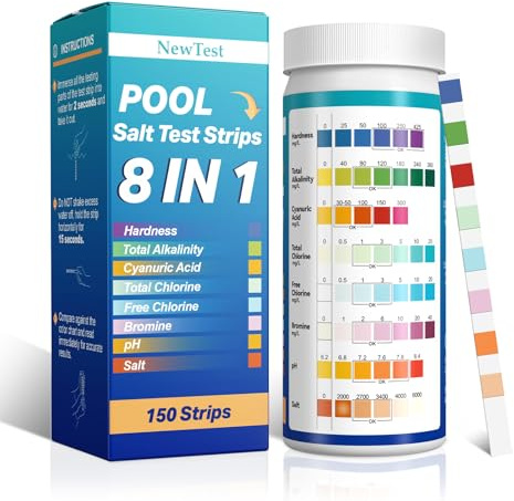NewTest Pool Salt Test Strips: 150CT 8 in 1 Professional Pool Test Strips for Salt Water Pool & Hot Tub & Spa & Swimming Inground Pools - Quick Accurate Results Saltwater Pool Testing Kit