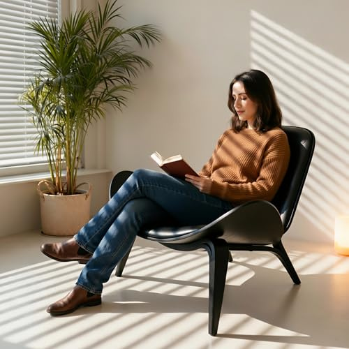 Aekinsly PU Leather Lounge Chair, Mid Century Modern Shell Lounge Chair with Solid Wood Tripod Base, Leather Reading Chair for Living Room, Bedroom, Office