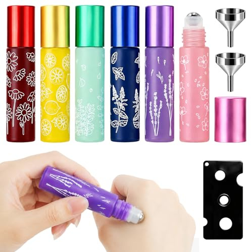 Redamancy Rullflaskor på 10 ml 6 stycken - tomma färgade glasflaskor med sfärisk applikator, påfyllningsbara för eteriska oljor, aromaterapi, essenser och ansiktsbehandlingar kropp