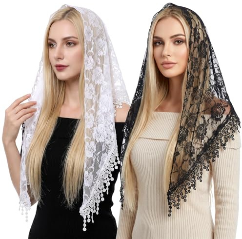 RAHHLIZS 2pcs Lace Mantilla Veil, Elegant Lace Head Scarf for Weddings, Triangle Women Head Covering with Floral Pattern for Church Wedding Special Occasions
