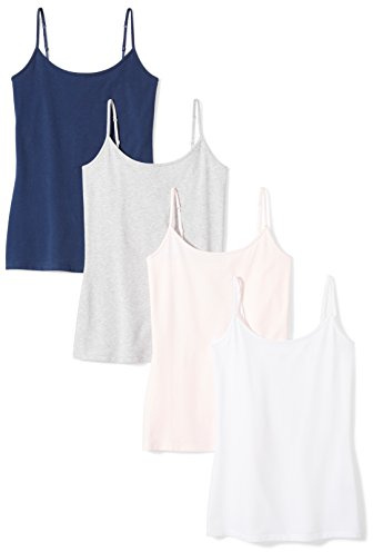Amazon Essentials Canottiera Aderente Donna, Pacco da 4, Bianco/Blu Scuro/Grigio Chiaro Puntinato/Rosa Pallido, XL