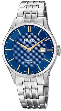 Festina Swiss Made Herrenuhr Analog Edelstahl 316L Silber - Quarz Datum - Saphirglas, Wasserdicht 10 ATM Klassisch - F20005/3 Classic Steel