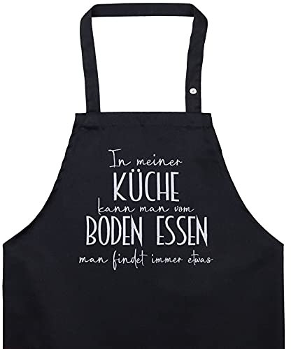 Schürze Damen/Männer mit Spruch gestickt In meiner Küche kann man vom Boden essen Kochschürze verstellbar Grillschürze mit Tasche für Grillmeister | Küchen Schürze Geschenk Grillfans