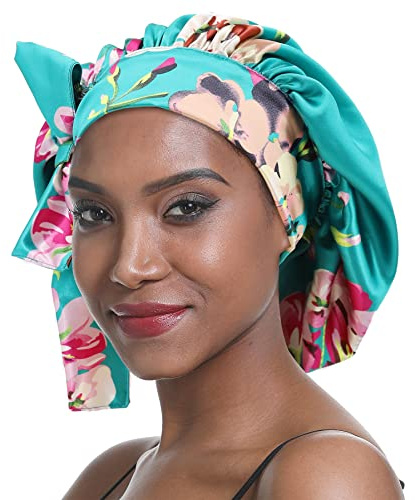 SENGTERM Bonnet de Nuit en Soie pour Femmes Noires - Large Bande Soyeuse Élastique à Double Couche - Cheveux Longs et Bouclés (Green Flower)