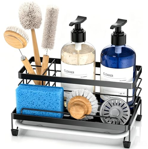 Cisily Black Sponge Holder for Kitchen, Sink Caddy Sink Organizer Rack for Kitchen Accessories with Drip Tray, Rustproof and Non-slip, Soap Dispenser Countertop Organizer Essentials for New Home