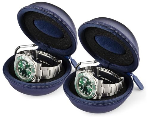 HELMDY Reise-Uhrenbox für Männer und Frauen, Uhrenbox mit Reißverschluss, mit Karabinerhaken Und Schwamm, Tragbare runde Uhr Aufbewahrungsbox, Geeignet für alle Uhren unter 50 mm (Blau-2 Stück)