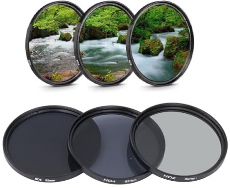 ND Filter Set, ND2 ND4 ND8 Neutral Density Kameralinsfilter, HD Multi Layer Coating, Anti Scattered Light Anti Scratch Optiskt Glas, för Kameralins (62 mm)