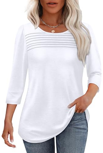 White Tops for Women 3/4 Length Sleeve Blouses Dressy Casual Plus Size Tshirts Shirts Spring Summer Teacher Outfits Early Fall Fashion Beach Vacation Clothes 2XL