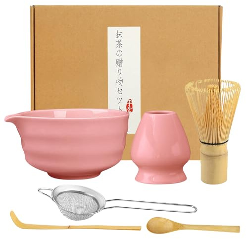 6-delat Matcha te-set: Rosa matcha set av keramik, matcha visp-set, matcha skål, japansk teset, visphållare, sil, japanska tillbehör för matcha-ceremoni