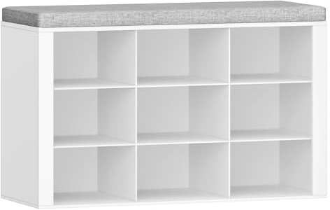Hzuaneri Schuhbank mit Sitzfläche, Schuhschrank mit Sitzbank mit 9 Fächern, Eingangsbank Verstellbaren Ablagen für Wohnzimmer, Schlafzimmer, Flur, Weiß-Grau, SB15903GY