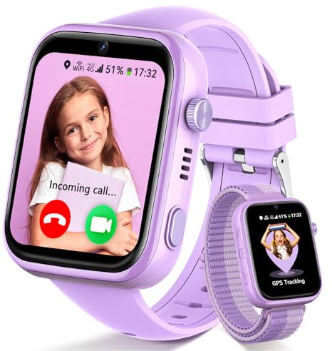 Fitnynxos 4G Reloj Inteligente Niño, Smartwatch Niños con GPS y Llamadas, Videollamada, Localizador, SOS, Modo Clase, Chat, SMS, Whatsapp, WiFi, IP68 Impermeable, SIM, Podómetro, Regalo Niña, Violeta