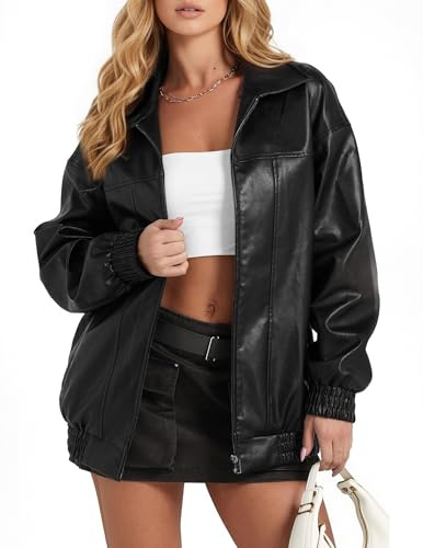 GraceSelect Leather Jacket Women Black Faux Oversized Motorcycle Bomber Coats 2025 Fall Fashion Outfits Winter Clothes