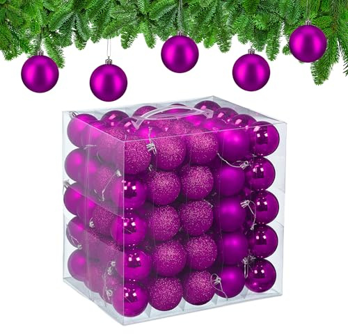 Relaxdays Bolas Árbol Navidad, Set de 100, Plástico, Brillantes y Mates, 6 cm Ø, Adornos Navideños Redondos, Fucsia