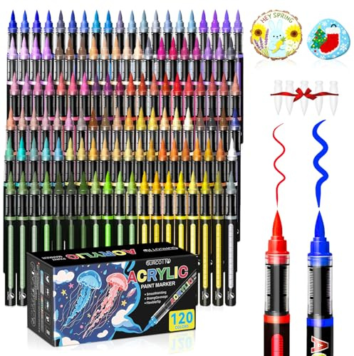 Surcotto Pennarelli Acrilici, 120 Colori Acrylic Marker Brush Pen per Colorazione, Sassi, Tessuti, Metallo, Vetro, Legno, Plastic, Tela, Ceramica, Pennarelli per Colorare Adulti
