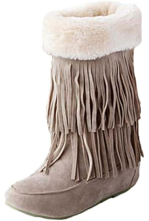 Bottes et Bottines Femme Frange Botte de Neige Femme Bottines Imperméabl Chaussures Hiver Fourrées Chaude Boots Antidérapantes Botte Couleur Unie Vintage Marche Boots Décontractées à la Mode