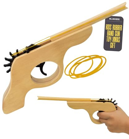 Wooden Rubber Band Gun Toy for Children and Adults Fun Handheld Pistol-Style Novelty with Yellow Rubber Bands Natural Wood Finish Ideal for Indoor and Outdoor Play TY1817