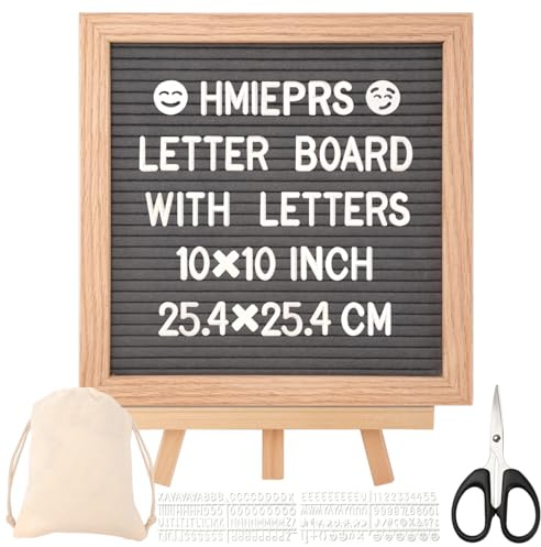 HMIEPRS Lavagna in feltro con supporto in legno, 25 x 25 cm, 340 lettere, grigio feltro, con forbici e tasche, in rovere per menu, annunci per bambini, matrimoni, feste, ufficio, decorazione