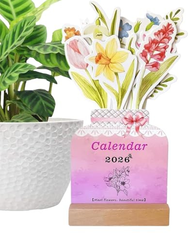 Calendario de escritorio 2026 | Flores mensuales semanales diarias | Calendario estético de flores de enero a diciembre de 2026, para suministros de oficina en casa, escuela, profesor, estudiantes