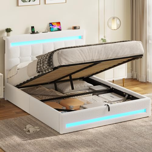 AOGLLATI Lit Coffre 140×190 cm avec LED et Ports USB, Lit Double Rembourré avec Rangement hydraulique, tête de lit réglable en Hauteur, Sommier à Lattes,Facile à Assembler, Bouclée, Beige(sans Matela)