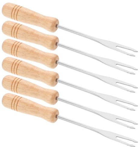 INOOMP Set de 6 Tenedores Inoxidables para Fondue de Chocolate y Queso, Mango de Madera, Mini Tamaño para Helado y Maíz, Portátiles para Barbacoa y Reuniones al Aire Libre
