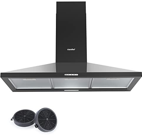COMFEE' Cappa Aspirante 90 cm PYRA17B-90 Nera Cappa Cucina con LED, Sistema di Ricircolo e Canalizzazione e Filtri a Carbone