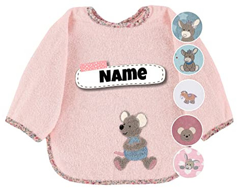 Sterntaler Baby Lätzchen mit Ärmeln | bestickt mit Namen | Langarm Lätzchen Baby | personalisiert | Latz Baby Geschenk (Mabel Maus zartrosa)