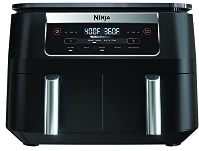 Ninja DZ090 Foodi 6 Quart 5-in-1 DualZone 2-Basket Air Fryer with 2 Independent Frying Baskets, Match Cook & Smart Finish to Roast, Bake, Dehydrate & More for Quick Snacks & Small Meals, Black