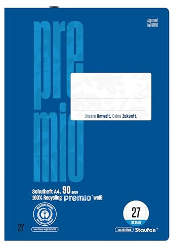 Staufen premio Schulheft - 2 Hefte je 32 Blatt, DIN A4, Lineatur 27 (9mm liniert mit Randlinien), 90 g/m² Recyclingpapier, runde Ecken verhindern „Eselsohren“