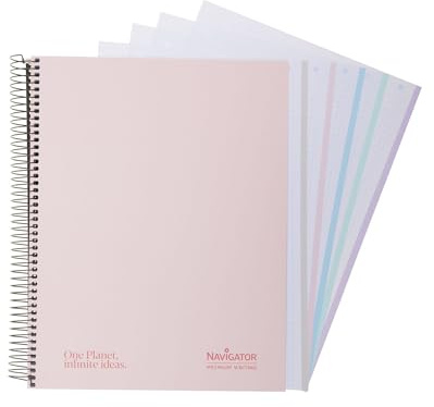 Navigator - Cuaderno a4 + Cuadriculado 5x5, Tapa Extradura, Rosa Pastel, Borde 5 Colores, Papel 80g, 120 Hojas Microperforadas 4 Taladros, Espiral Coil-Lock, Papel Premium Writing