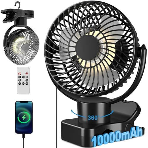 360° Oszillierend Clip Ventilator mit Fernbedienung - 10000mAh Akku USB Tischventilator Tragbarer - Timer-Funktion & 4 Stufen Leise Camping Klemmventilatoren - LED Licht Mini Fan 75 Stunden, Ø17.5cm