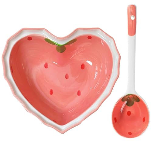 Cabilock 1 Set Heart Shaped Strawberry Bowl Spoon Flatware Salad Bowl Household Serving Plate Decorative Serving Plate Wear-Resistant Serving Plate Ceramics Dessert Accessories