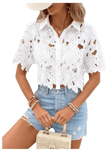 SOLY HUX Women's Floral Lace Cropped Blouses Hollow Out Crop Tops Blouse Short Sleeve Button Down Shirts Pure White Large