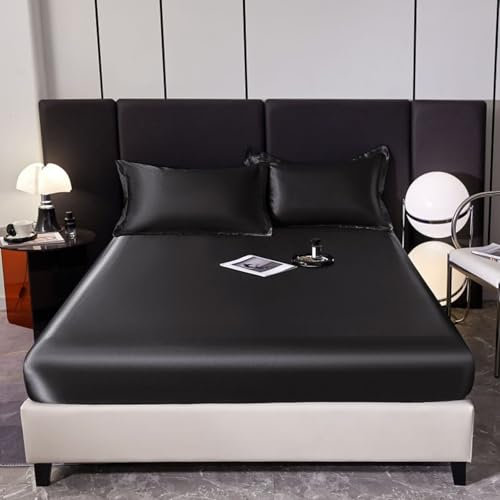 Epinki Betthusse & 2er Kissenbezüge 180x200cm Set 3tlg Warm, Spannbettlaken Winter Einfarbig Schwarz Matratzenschutz, Satin Laken für Bett Unterbett als Schutz für Boxspringbett & Topper