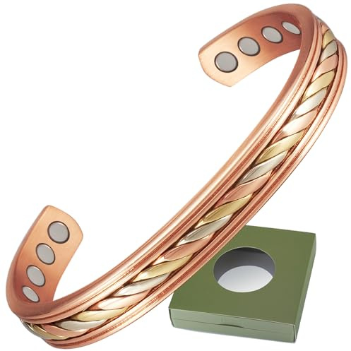 Wollet Magnetiskt koppararmband, koppar manschettarmband – med 8 st 3 500 gass-magneter med presentförpackning (CPB-1009-FBM)