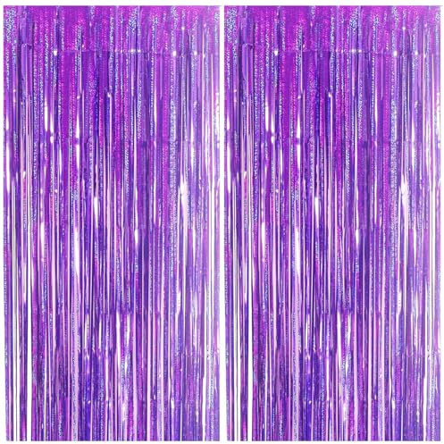 2pcs Tinsel Curtain Blue Glitter, 3ft X 6.4ft Aluminum Foil Flow Curtain Background Streamer, Girls Tinsel Curtains Pastel Foils Fringe,Birthday Party Wedding Backdrop Decoration(Purple)
