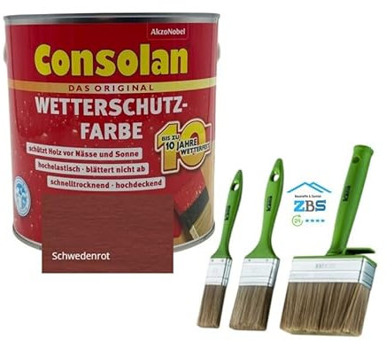 zbs24 Consolan Wetterschutzfarbe hockdeckende Holzfarbe für Aussen, inkl. 3 teiligen Pinselset zur einfachen Verarbeitung der Holzfarbe (schwedenrot, 2,5 Liter)