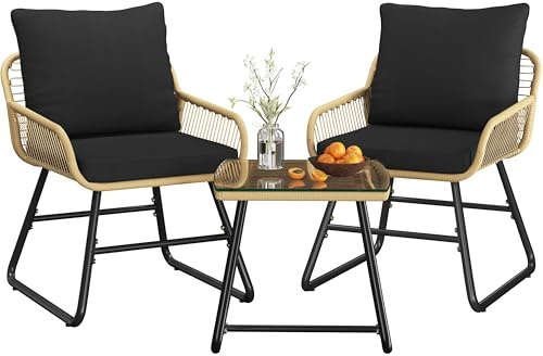 Yaheetech 3 Pieces Bistro Set, PE Wicker Chairs & Glass Table, Tan/Black | Outdoor Rattan Conversation Set | 2 Chairs & 1 Table | With Washable Soft Cushions | For Backyard, Poolside, Balcony & Porch