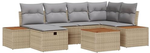 vidaXL Trädgårdsoffset med kudde 7 pcs Beige konstrotting, Modern, slitstark, mångsidig loungegrupp, rattan-soffa, UV-resistent, utemöbler med akaciaträ, bekväm trädgårdsmiljö