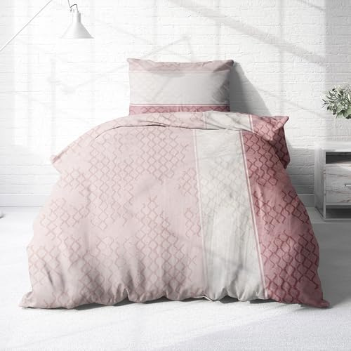 Träumschön Premium Bettwäsche 155x220 + 80x80 cm - Pink-Weiß Design - Sommer Bettwäsche aus Baumwolle – Weich, Atmungsaktiv & Hautfreundlich - bügelfrei