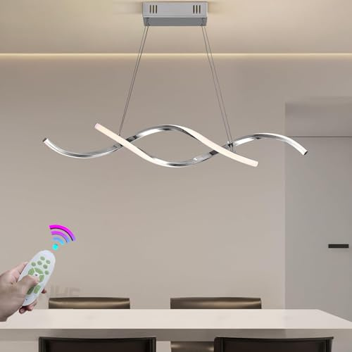 Lámpara Colgante LED para Sala de estar Mesa de Comedor, Lámpara de techo Regulable Moderna Espiral Altura Ajustable 80W Colgante Luz para Cocina Isla Salón Oficina Bar Iluminación (Cromo, L80cm)