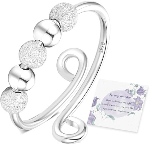 Senteria 925 Sterling Silver Anxiety Rings for Women Adjustable Fidget Rings for Anxiety with Beads Silver Stress Spinner Thumb Rings for Women with Mother