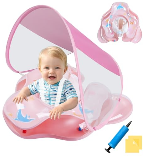 Ninonly Salvagente Neonato con Parasole UPF50+ Protezione UV Salvagente Gonfiabile Piscina Regolabile Doppio Airbag Anello Galleggiante per Bambino Neonato 12-36 Mesi(Rosa Trasparente)