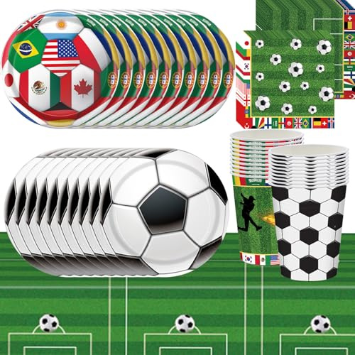 Set di 61 stoviglie per feste a tema calcio, Coppa del Mondo con accenti verdi, decorazione di compleanno, tovaglia, bicchieri di carta, tovaglioli, piatti di carta, adatti per 20 ospiti